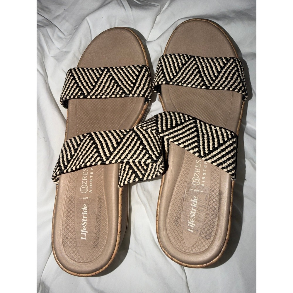 LifeStride BZees Airstep Resort Sandals Black White Chevron Platform Wedge 11M